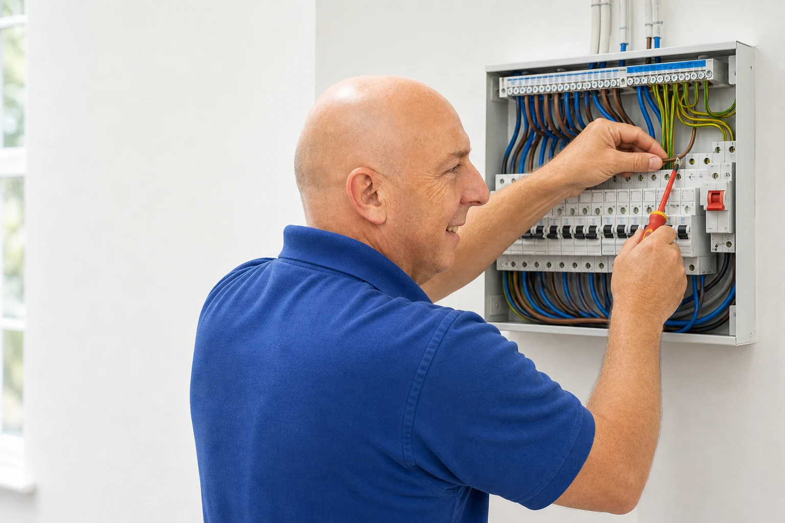 Trevor Bush connecting wiring inside an open consumer unit