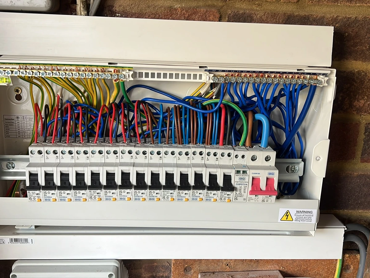 Open consumer unit showing neatly dressed circuit wiring